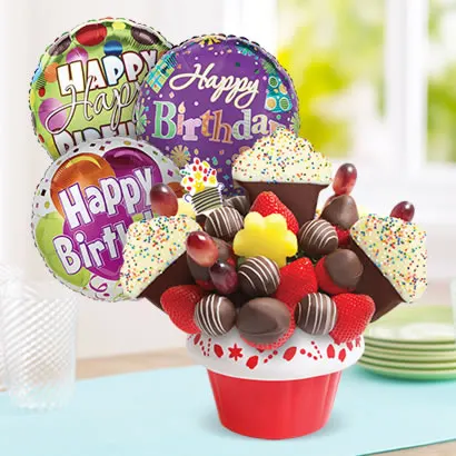 Birthday Wishes Fruit Bouquet & Balloons